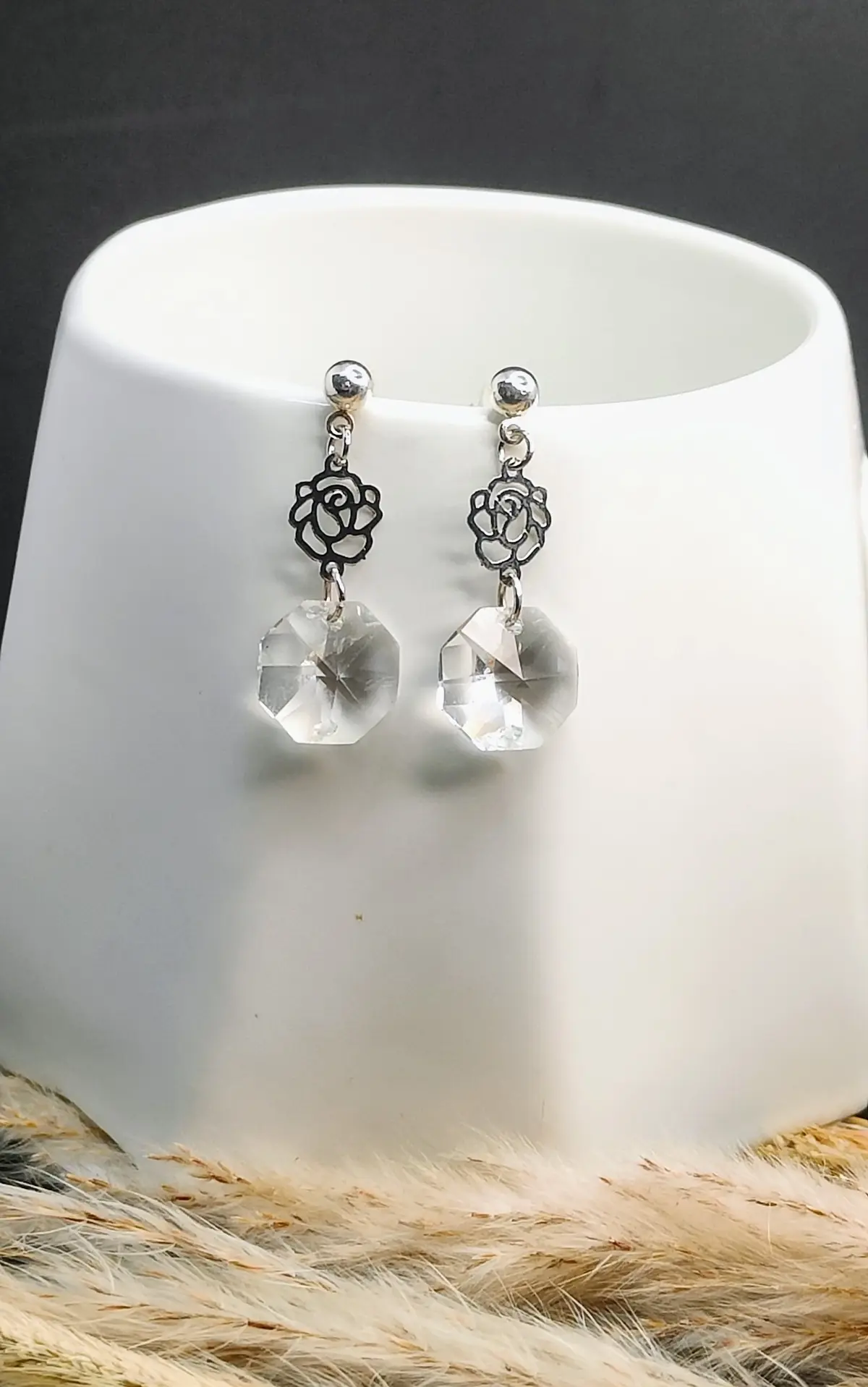 Boucles d’oreilles pampille diamant transparent & sa fleur