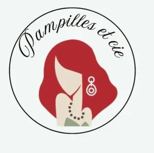 Logo Pampilles et Cie – création de bijoux artisanaux à partir de pampilles : silhouette féminine rouge avec boucle et collier, style rétro chic.