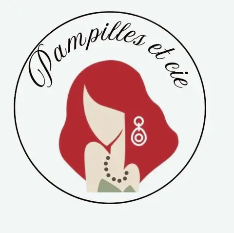 Logo Pampilles et Cie – création de bijoux artisanaux à partir de pampilles : silhouette féminine rouge avec boucle et collier, style rétro chic.