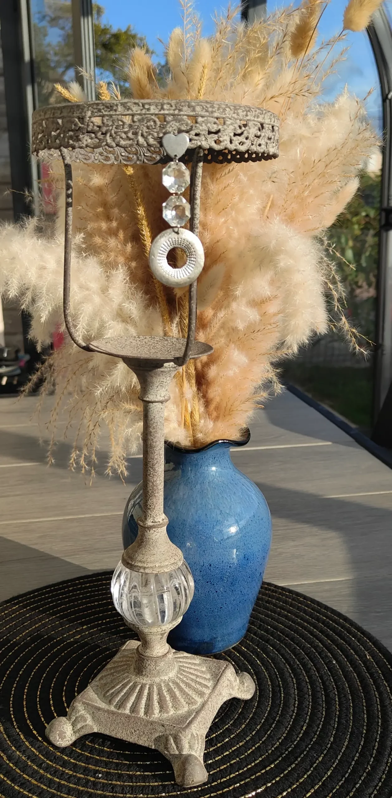 Boucles d’oreilles pampilles en verre transparente et anneau en acier