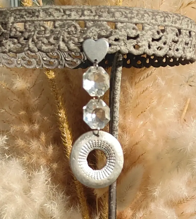 Boucles d’oreilles pampilles en verre transparente et anneau en acier