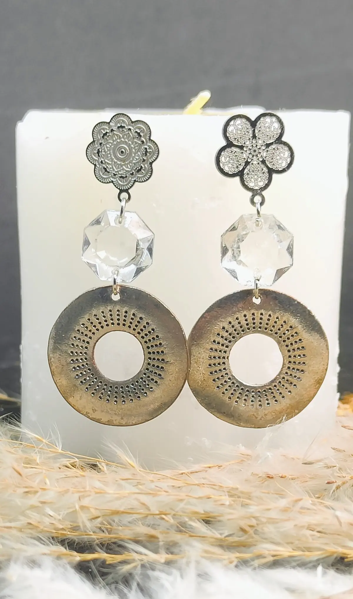 Boucles d’oreilles pampilles en verre transparentes et anneaux en acier