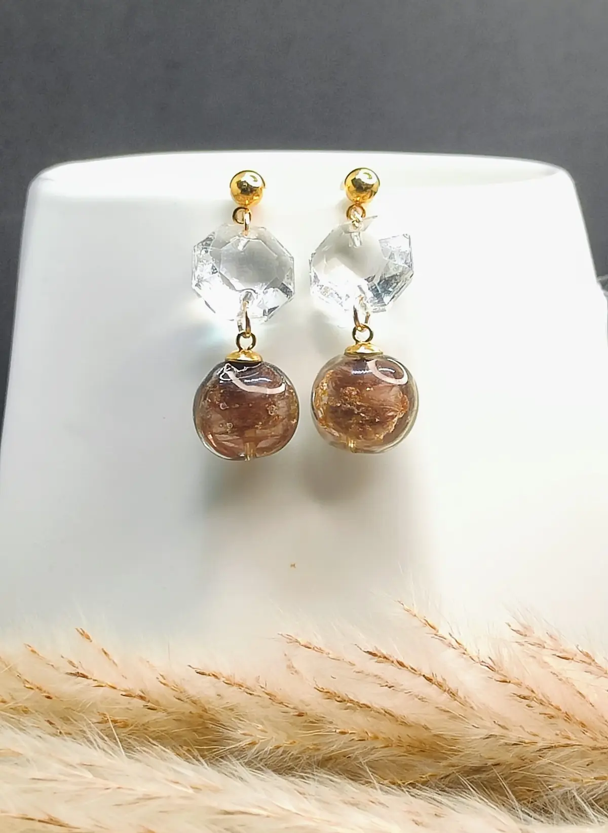 Boucles d’oreilles pampille diamant transparente & sa perle en verre