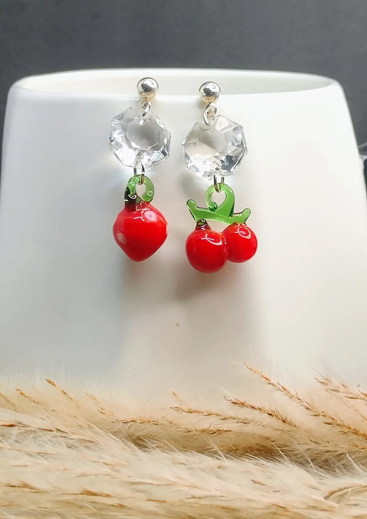 Boucles d’oreilles pampille diamant transparente & ses fruits en verre