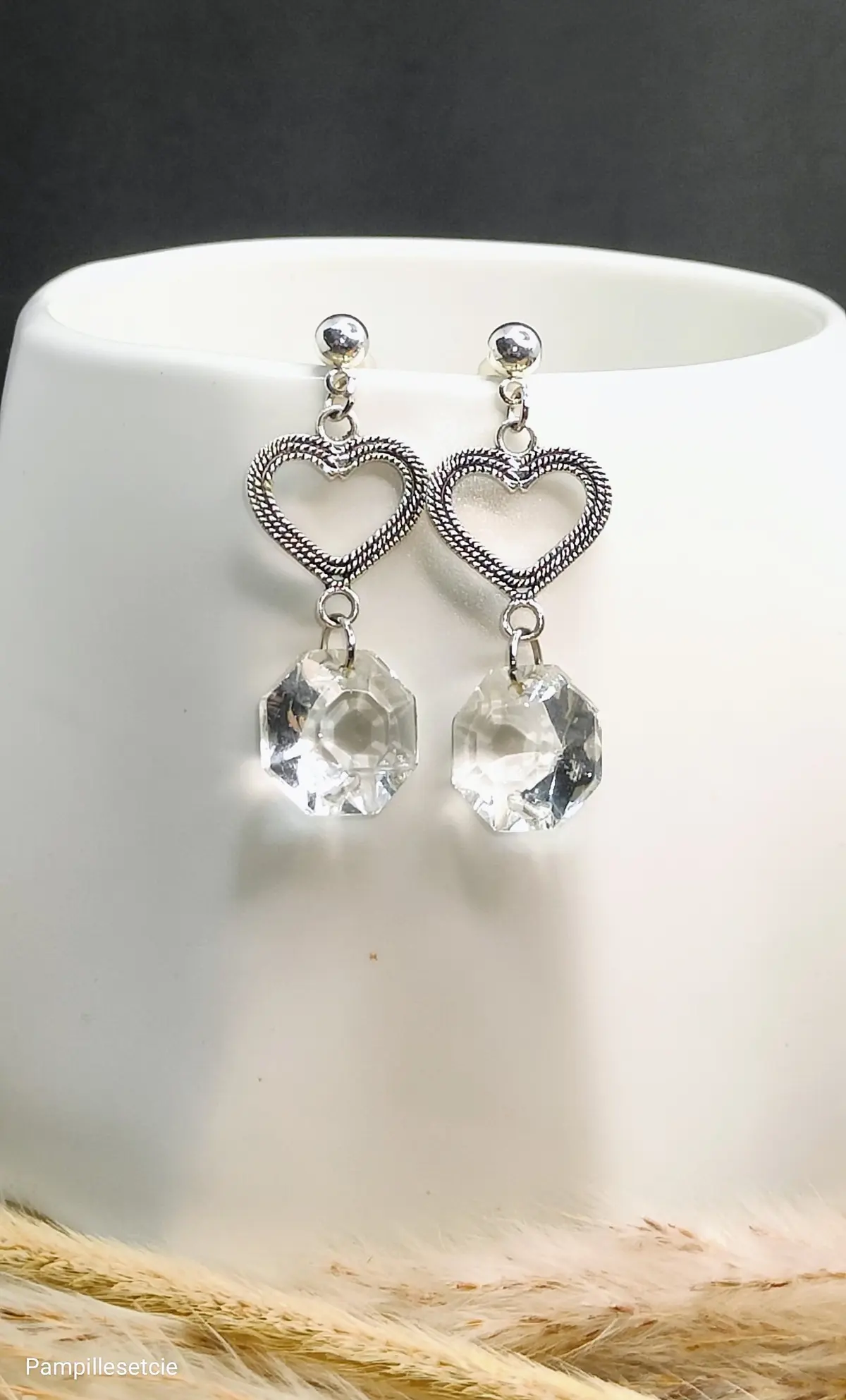 Boucles d’oreilles pampille diamant transparent & son cœur