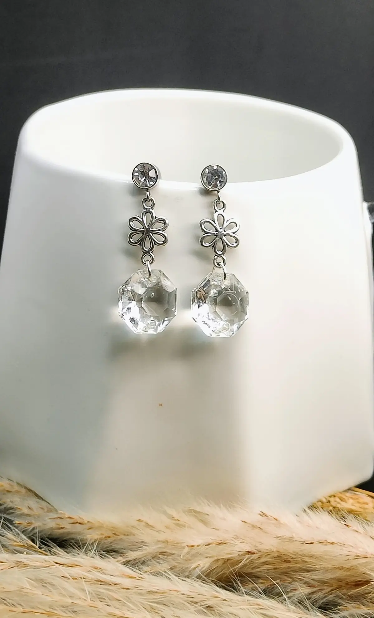 Boucles d’oreilles pampille diamant transparent & sa fleur