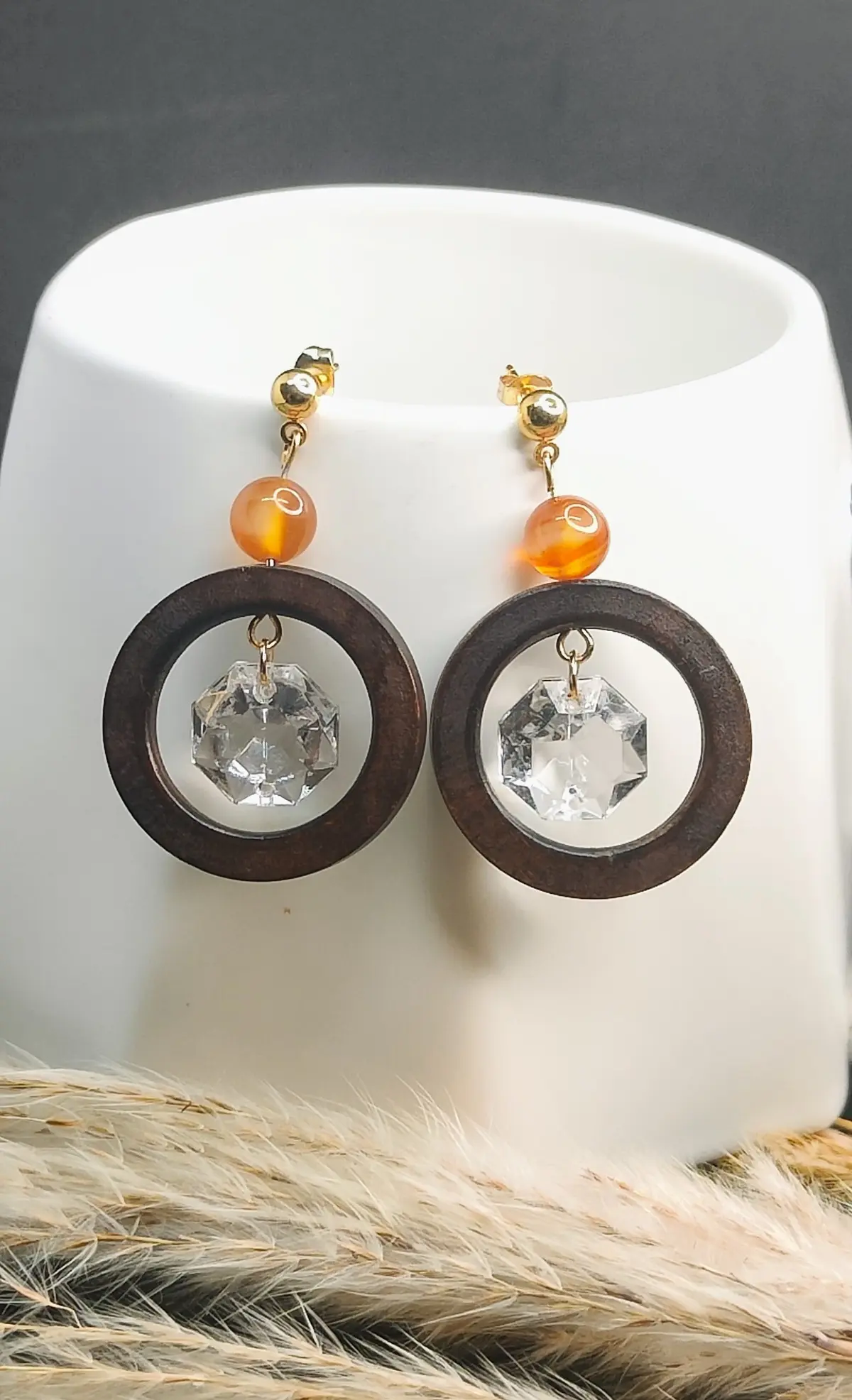 Boucles d’oreilles pampille diamant et ses anneaux en bois