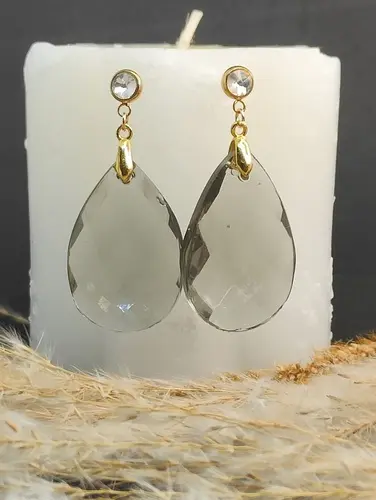 Boucles d'oreilles pampille grise fumée facettée