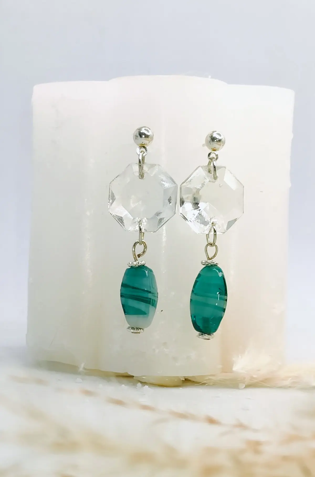 Boucles d’oreilles faites main en pampille de lustre diamant et perle turquoise